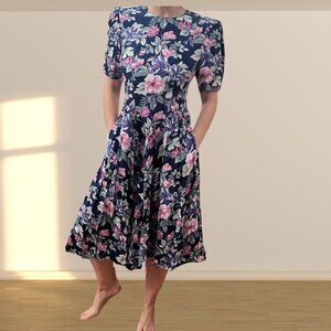 Vintage E.D. Michaels Petites Floral Rayon Midi Dress | 80s | Made in USA